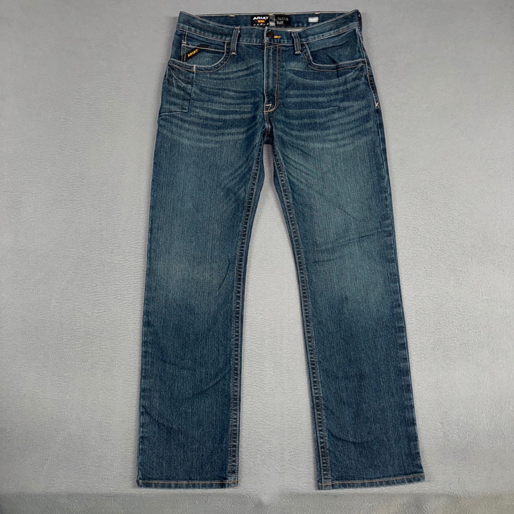 Ariat Rebar Jeans Mens 34x34 Blue M4 Relaxed Boot Stretch Distressed Denim